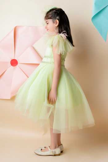Lil Angels Green Net Lining Cotton Embellished Dress Online at Aza Fashions Lil Angels_Green Net Lining Cotton Embellished Dress_Online_at_Aza_Fashions