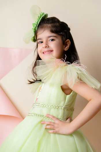 Lil Angels Green Net Lining Cotton Embellished Dress at Aza Fashions Lil Angels_Green Net Lining Cotton Embellished Dress_at_Aza_Fashions