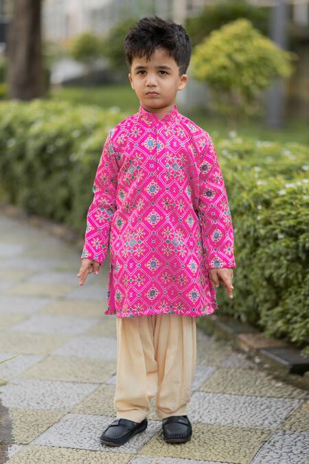 Lil Angels_Pink Silk, Rayon Ikat Kurta Set _Online_at_Aza_Fashions