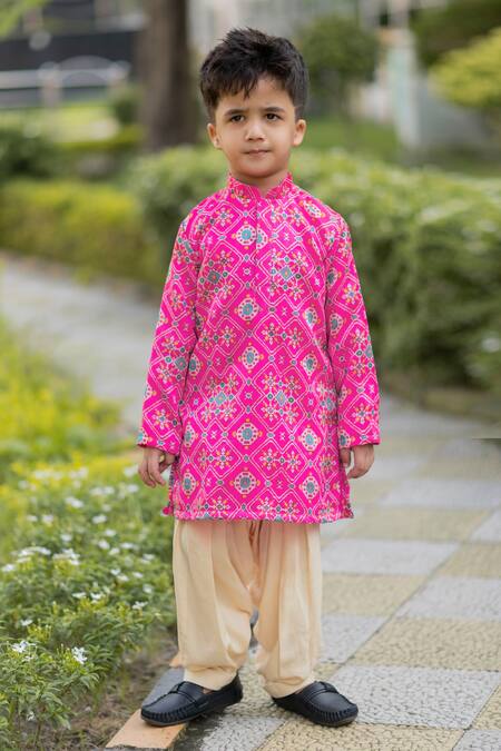 Buy_Lil Angels_Pink Silk, Rayon Ikat Kurta Set _Online_at_Aza_Fashions