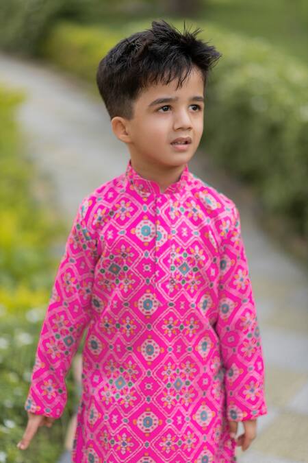 Lil Angels_Pink Silk, Rayon Ikat Kurta Set _at_Aza_Fashions