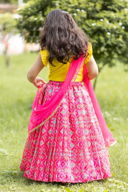 Shop_Lil Angels_Pink Chanderi, Cotton Embroidery, Beads Ikat Lehenga Set _at_Aza_Fashions