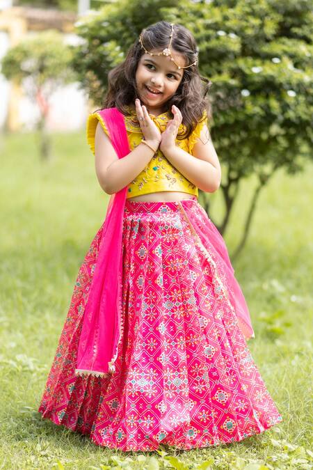 Lil Angels_Pink Chanderi, Cotton Embroidery, Beads Ikat Lehenga Set _Online_at_Aza_Fashions