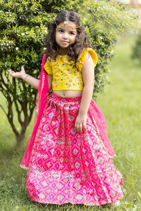 Buy_Lil Angels_Pink Chanderi, Cotton Embroidery, Beads Ikat Lehenga Set _Online_at_Aza_Fashions