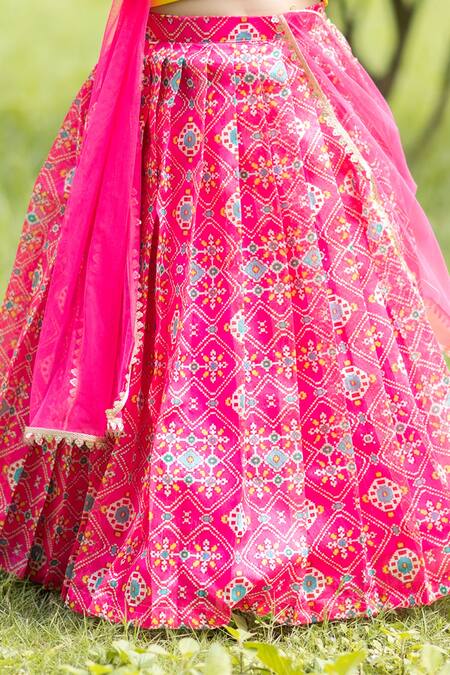Shop Lil Angels Pink Chanderi, Cotton Embroidery, Beads Ikat Lehenga Set Online at Aza Fashions Shop_Lil Angels_Pink Chanderi, Cotton Embroidery, Beads Ikat Lehenga Set _Online_at_Aza_Fashions