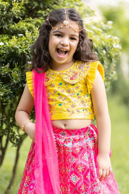 Lil Angels_Pink Chanderi, Cotton Embroidery, Beads Ikat Lehenga Set _at_Aza_Fashions