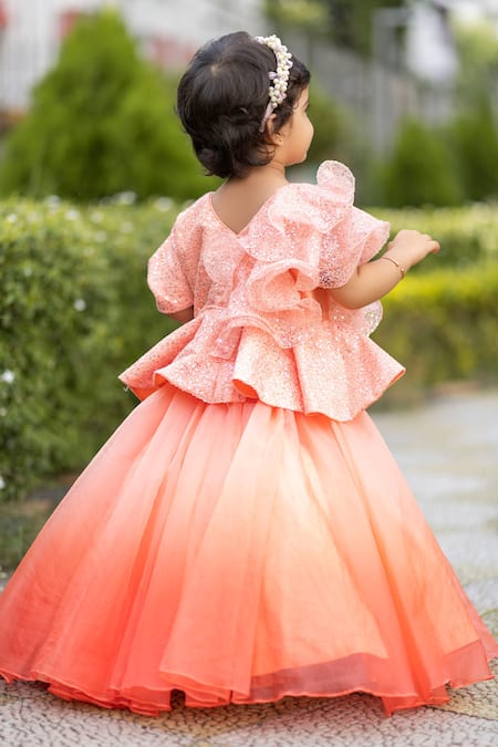 Shop_Lil Angels_Peach Cotton, Organza, Canvas, Satin Sequins Embellished Blouse And Lehenga Set _at_Aza_Fashions