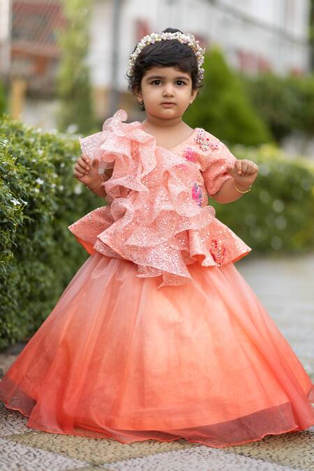 Lil Angels_Peach Cotton, Organza, Canvas, Satin Sequins Embellished Blouse And Lehenga Set _Online_at_Aza_Fashions