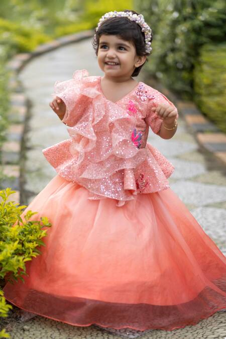 Buy_Lil Angels_Peach Cotton, Organza, Canvas, Satin Sequins Embellished Blouse And Lehenga Set _Online_at_Aza_Fashions