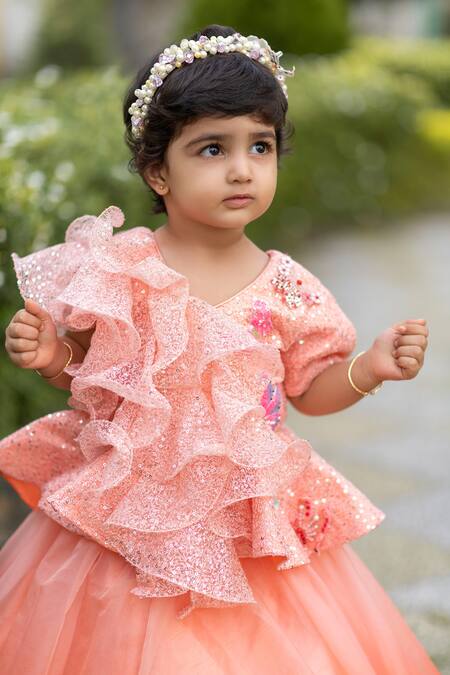 Shop_Lil Angels_Peach Cotton, Organza, Canvas, Satin Sequins Embellished Blouse And Lehenga Set _Online_at_Aza_Fashions