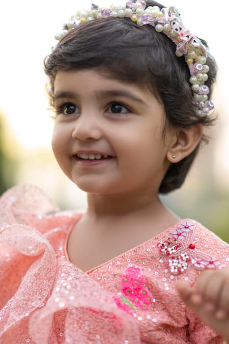 Lil Angels_Peach Cotton, Organza, Canvas, Satin Sequins Embellished Blouse And Lehenga Set _at_Aza_Fashions