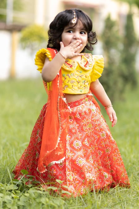 Lil Angels Orange Dupion And Chanderi Ikat Lehenga Set 