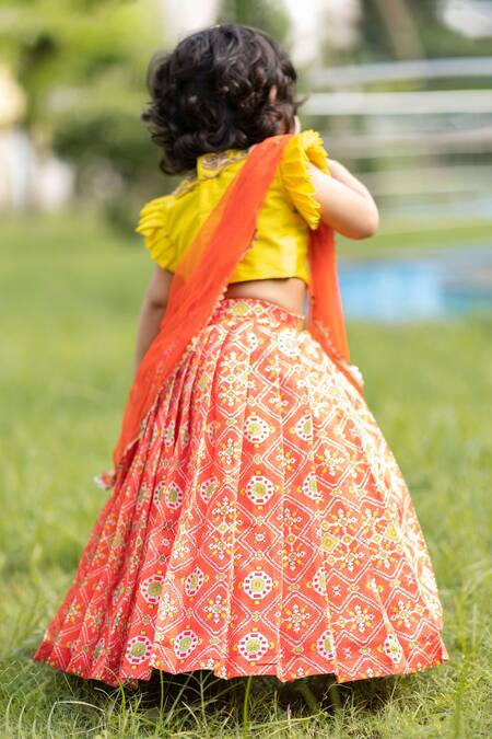 Shop_Lil Angels_Orange Chanderi, Cotton Embroidery Ikat Lehenga Set _at_Aza_Fashions