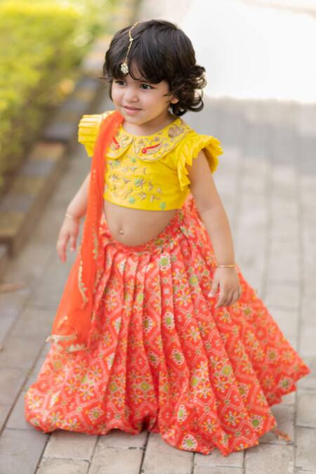 Lil Angels_Orange Chanderi, Cotton Embroidery Ikat Lehenga Set _Online_at_Aza_Fashions