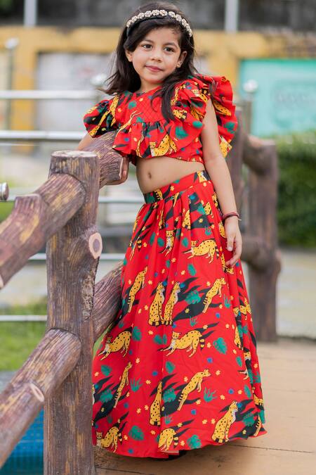 Lil Angels_Orange Crepe, Cotton Ruffles Printed Lehenga Set _Online_at_Aza_Fashions