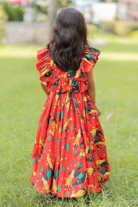 Shop_Lil Angels_Orange Crepe, Cotton Ruffles Printed Lehenga Set _at_Aza_Fashions