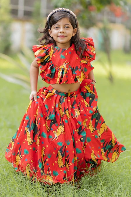 Lil Angels Orange Crepe, Cotton Ruffles Printed Lehenga Set 