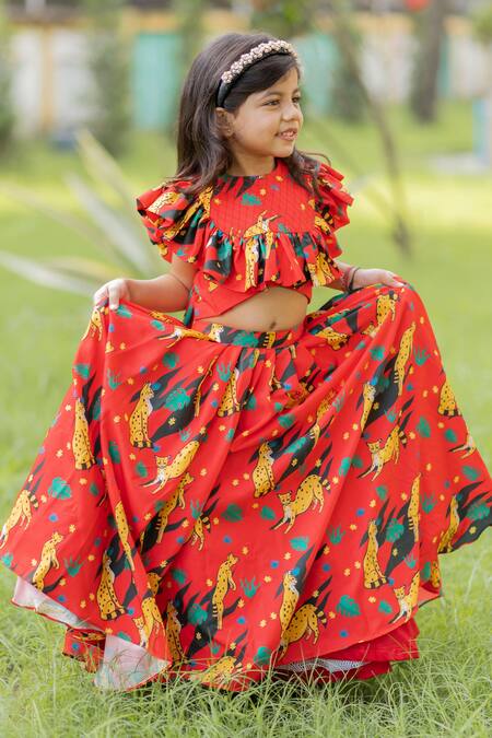 Buy_Lil Angels_Orange Crepe, Cotton Ruffles Printed Lehenga Set _Online_at_Aza_Fashions