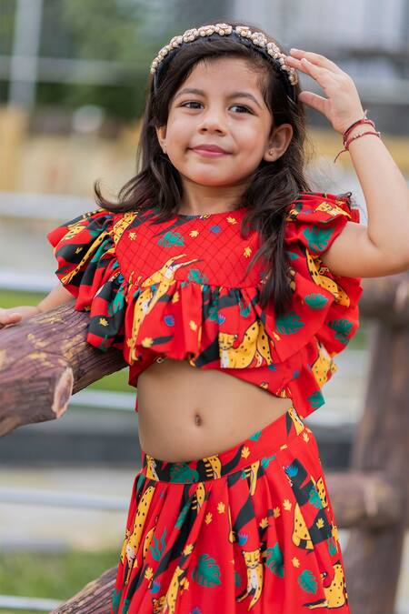Shop_Lil Angels_Orange Crepe, Cotton Ruffles Printed Lehenga Set _Online_at_Aza_Fashions