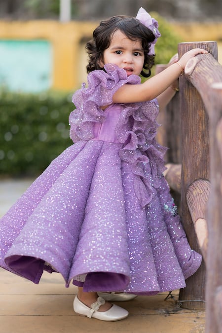 Shop_Lil Angels_Purple Cotton Ruffles, Sequins Embellished Dress _Online_at_Aza_Fashions