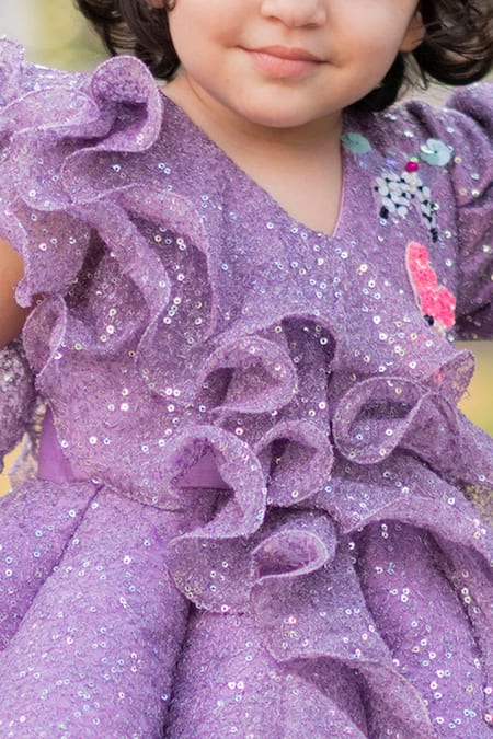 Lil Angels_Purple Cotton Ruffles, Sequins Embellished Dress _at_Aza_Fashions