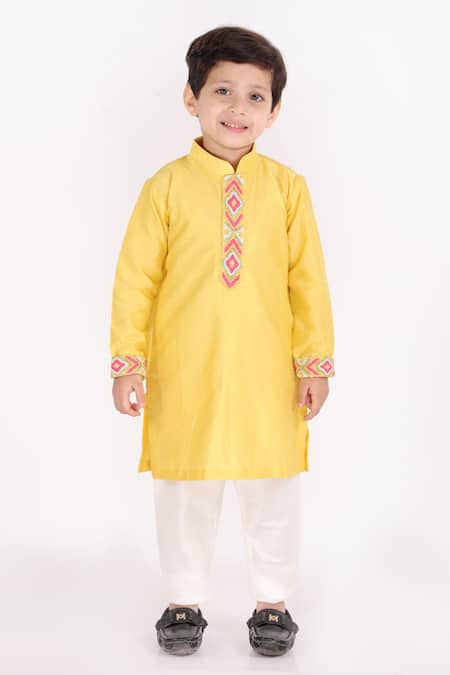 Lil Angels Yellow Cotton, Silk Embroidery Kurta Set 