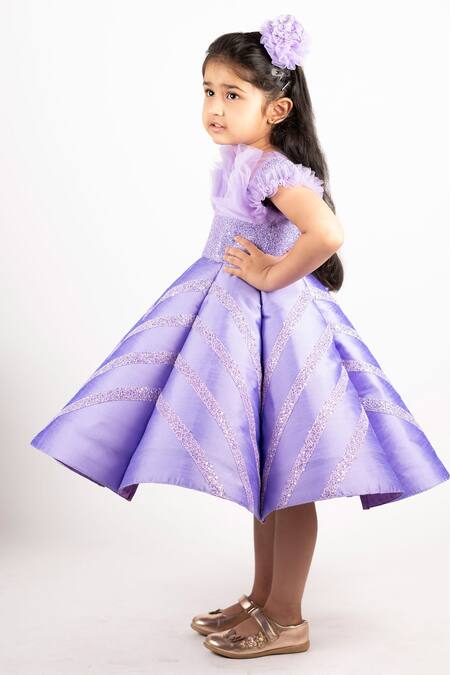 Lil Angels_Purple Satin Sequins, Ruffles Embellished Dress _Online_at_Aza_Fashions