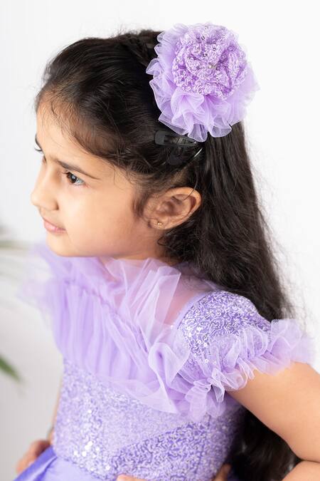 Lil Angels_Purple Satin Sequins, Ruffles Embellished Dress _at_Aza_Fashions