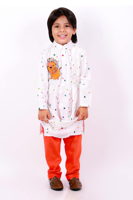 Lil Angels White Muslin, Cotton, Silk Printed Kurta Set 