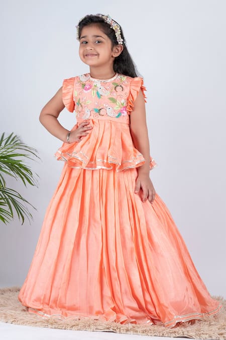 Lil Angels Peach Silk, Canvas Beads, Sequins Embellished Blouse And Lehenga Set 