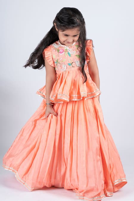 Lil Angels_Peach Silk, Canvas Beads, Sequins Embellished Blouse And Lehenga Set _Online_at_Aza_Fashions