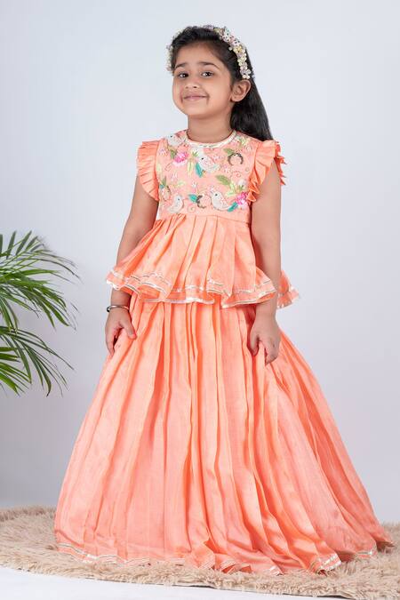 Buy_Lil Angels_Peach Silk, Canvas Beads, Sequins Embellished Blouse And Lehenga Set _Online_at_Aza_Fashions