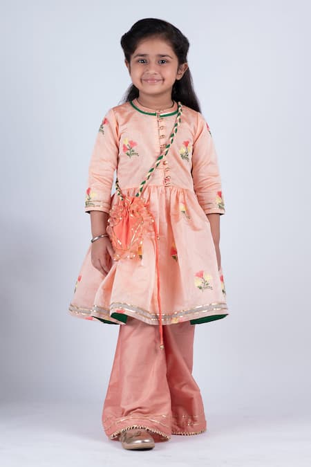 Lil Angels Peach Chanderi, Cotton, Silk Embroidery, Lace Kurta And Palazzo Pant Set 