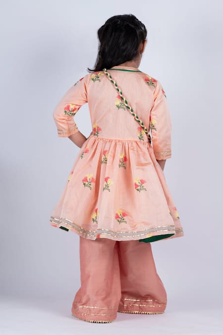 Shop_Lil Angels_Peach Chanderi, Cotton, Silk Embroidery, Lace Kurta And Palazzo Pant Set _at_Aza_Fashions