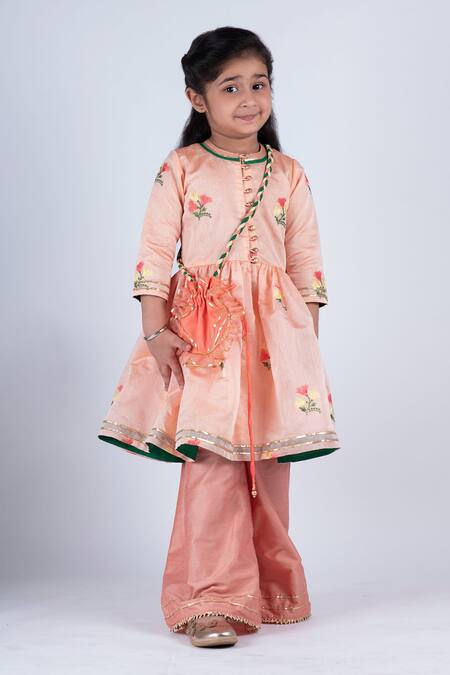 Lil Angels_Peach Chanderi, Cotton, Silk Embroidery, Lace Kurta And Palazzo Pant Set _Online_at_Aza_Fashions