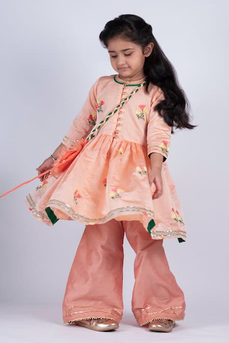Buy_Lil Angels_Peach Chanderi, Cotton, Silk Embroidery, Lace Kurta And Palazzo Pant Set _Online_at_Aza_Fashions