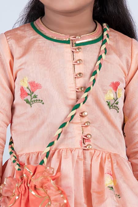 Lil Angels Peach Chanderi, Cotton, Silk Embroidery, Lace Kurta And Palazzo Pant Set at Aza Fashions Lil Angels_Peach Chanderi, Cotton, Silk Embroidery, Lace Kurta And Palazzo Pant Set _at_Aza_Fashions