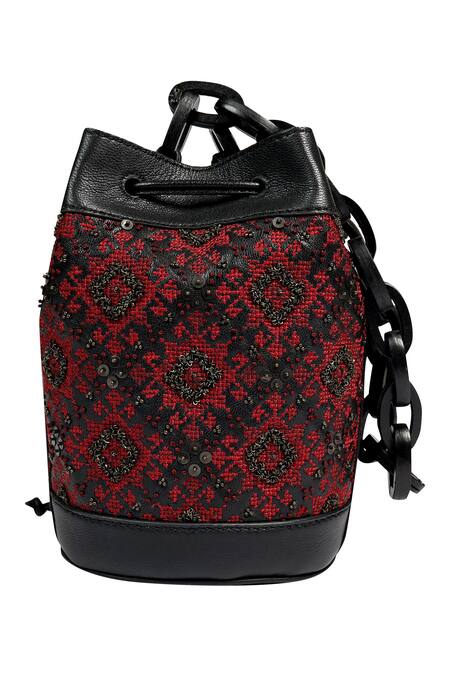 The Leather Garden_Black Embellished Embroidered Bucket Bag _Online_at_Aza_Fashions