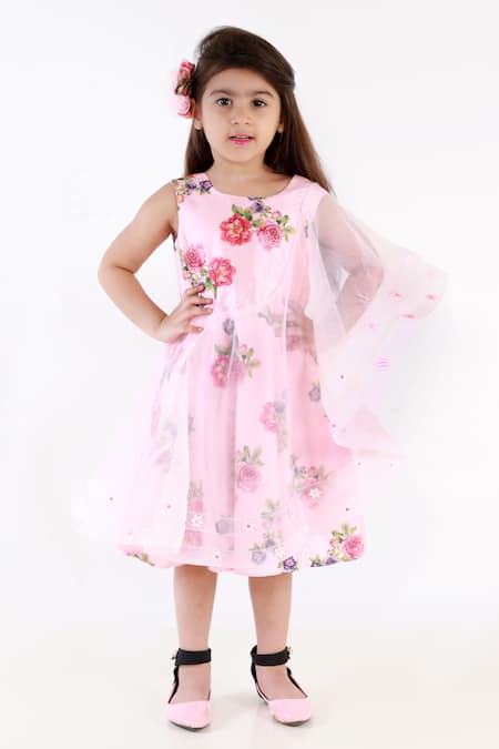 Lil Angels Pink Satin, Silk Printed Dress
