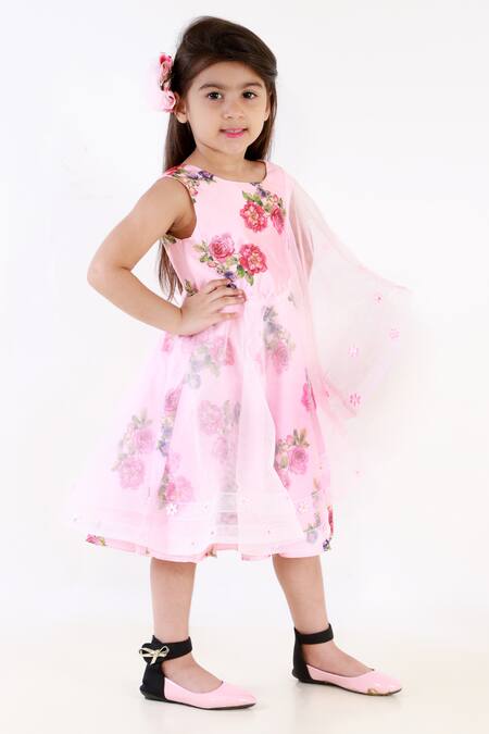 Lil Angels_Pink Satin, Silk Printed Dress _Online_at_Aza_Fashions