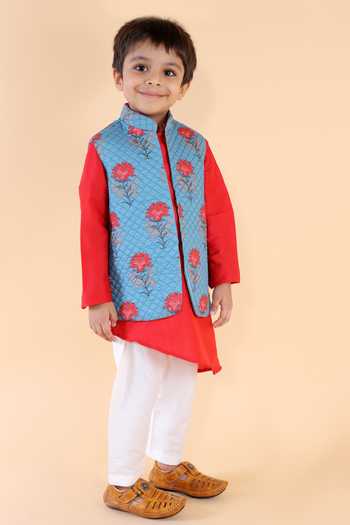 Lil Angels_Blue Silk, Cotton Embroidery Quilted Nehru Jacket And Asymmetric Kurta Set _Online_at_Aza_Fashions