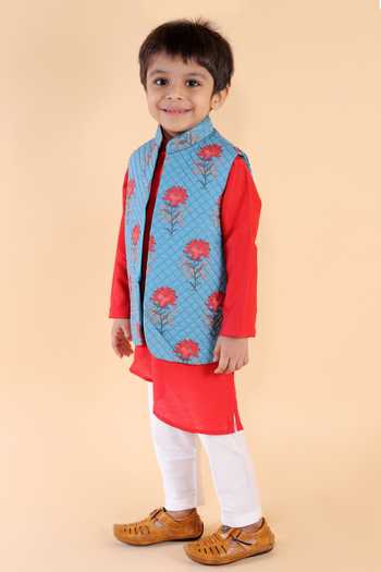 Buy_Lil Angels_Blue Silk, Cotton Embroidery Quilted Nehru Jacket And Asymmetric Kurta Set _Online_at_Aza_Fashions