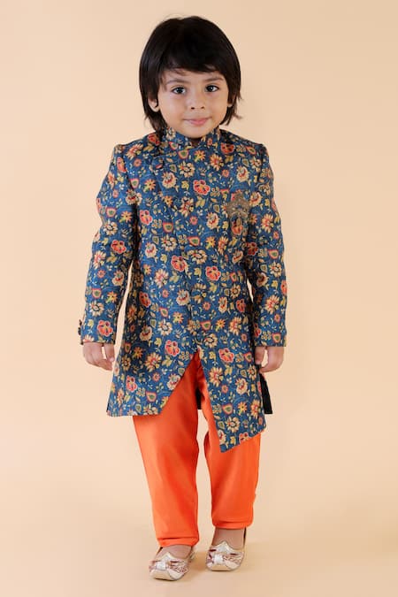 Lil Angels Blue Cotton, Silk Embroidery Handloom Linen Sherwani Set