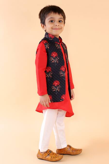 Lil Angels_Blue , Cotton Quilted Nehru Jacket And Kurta Set_Online_at_Aza_Fashions