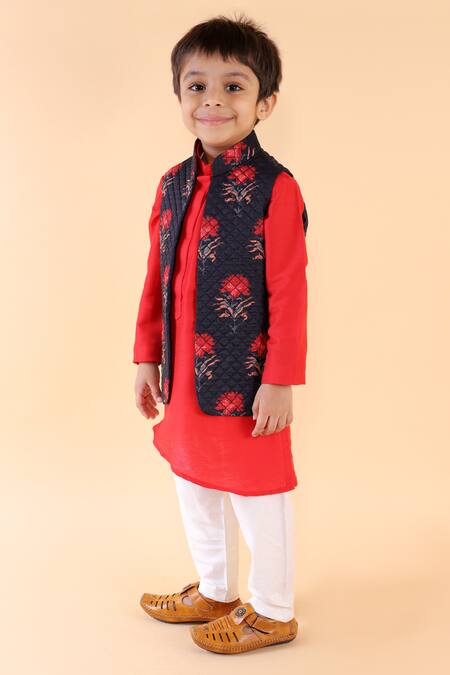 Shop_Lil Angels_Blue , Cotton Quilted Nehru Jacket And Kurta Set_Online_at_Aza_Fashions
