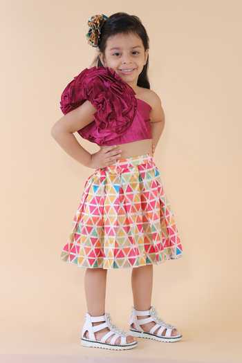 Lil Angels_Multi Color Silk Fabric Flowers Geometric Print Skirt And Floral Top Set _Online_at_Aza_Fashions