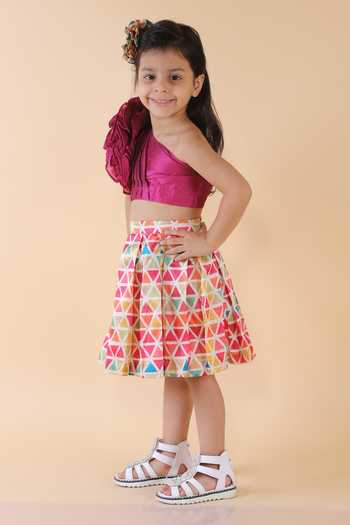 Buy_Lil Angels_Multi Color Silk Fabric Flowers Geometric Print Skirt And Floral Top Set _Online_at_Aza_Fashions
