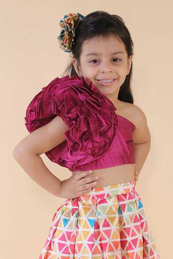 Shop_Lil Angels_Multi Color Silk Fabric Flowers Geometric Print Skirt And Floral Top Set _Online_at_Aza_Fashions