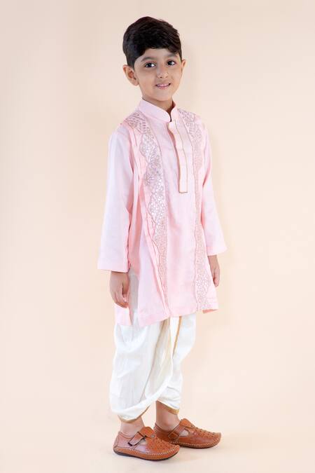Lil Angels_Pink Cotton, Silk Mirrors Embroidered Kurta Set _Online_at_Aza_Fashions