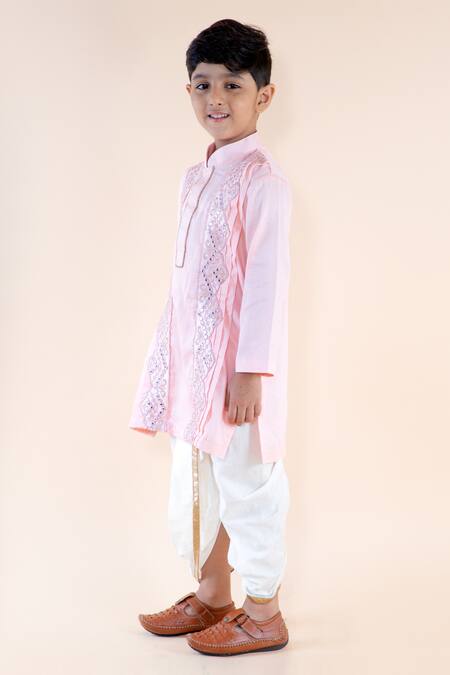 Buy_Lil Angels_Pink Cotton, Silk Mirrors Embroidered Kurta Set _Online_at_Aza_Fashions